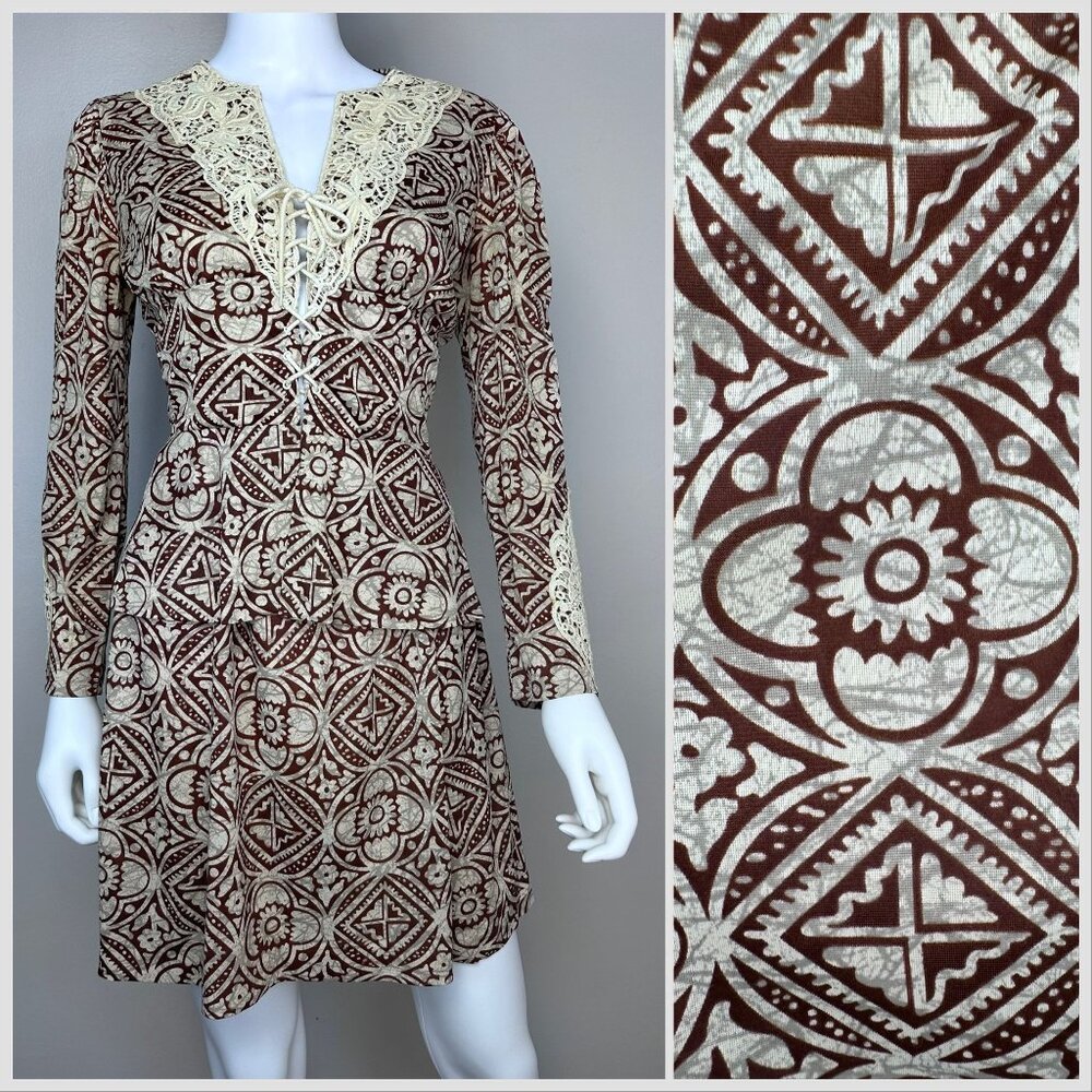 Vintage 1970s Lace Up Peplum Blouse and Mini Skirt Set, Size Medium, Tiki Print
